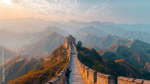 A tourist giving a thumbs up in front of the Great Wall of China, with the winding wall stretching into the distance and the mountainous landscape behind, captured in vivid detail with bright, photo