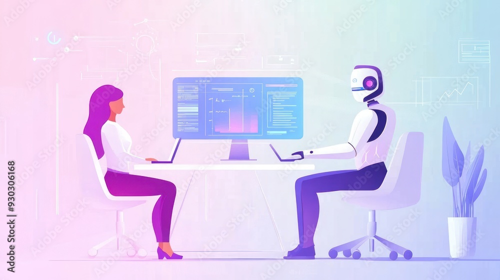 A Human and Robot Collaborating on a Project in a Modern Office A Human and Robot Collaborating on a Project in a Modern Office