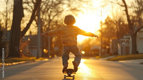 A young boy rides a skateboard on a street with the sun setting behind him. This photo is perfect for blogs or websites about skateboarding, youth culture, or summer activities.