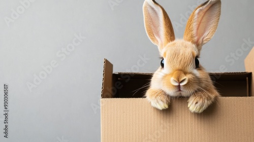 A rabbit is standing in front of a cardboard box