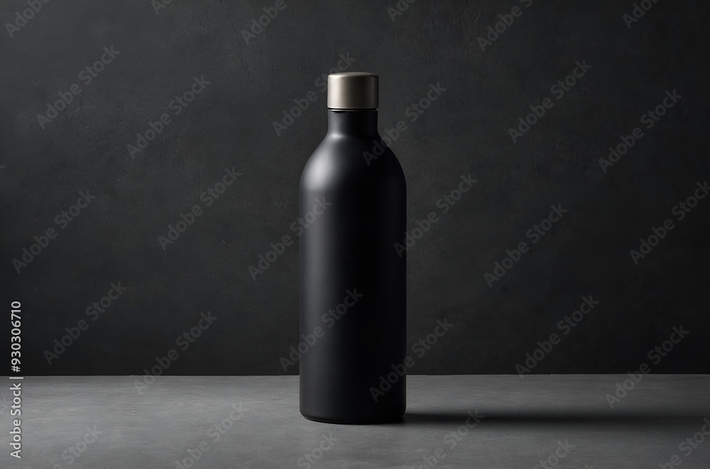 Minimalist black water bottle standing alone against a dark backdrop. Sleek, modern design in a simple and elegant composition. Minimalist black water bottle standing alone against a dark backdrop. Sleek, modern design in a simple and elegant composition.