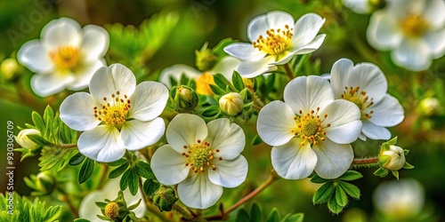 Delicate white blooms of shrubby cinquefoil, Potentilla fruticosa, unfurl in clusters, showcasing intricate yellow centers and gentle, fern-like foliage amidst a lush green background. photo