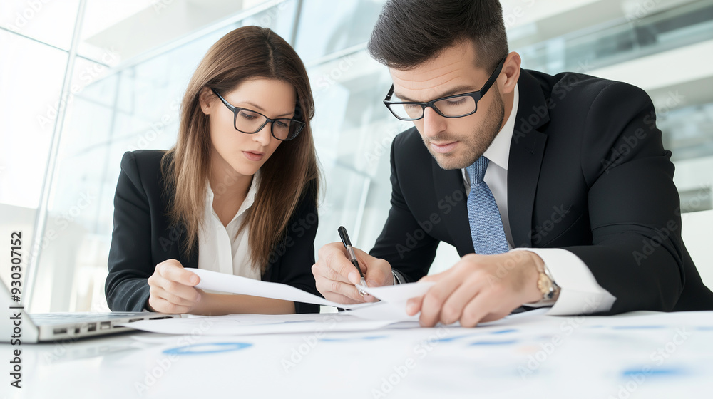 Businessman and businesswoman discussing plan Businessman and businesswoman discussing plan