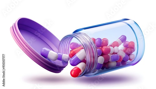 3D Open Floating Bottle with Pills and Capsules: Pharmacy Drug, Health Tablet, Medical Treatment Concept, Pink and Purple, Cartoon Creative Design Icon, Isolated, 3D Rendering,background photo