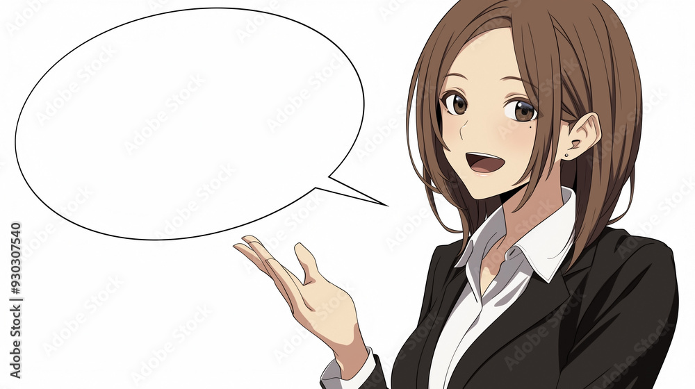 businesswoman speaking, with a blank speech bubble next to her businesswoman speaking, with a blank speech bubble next to her