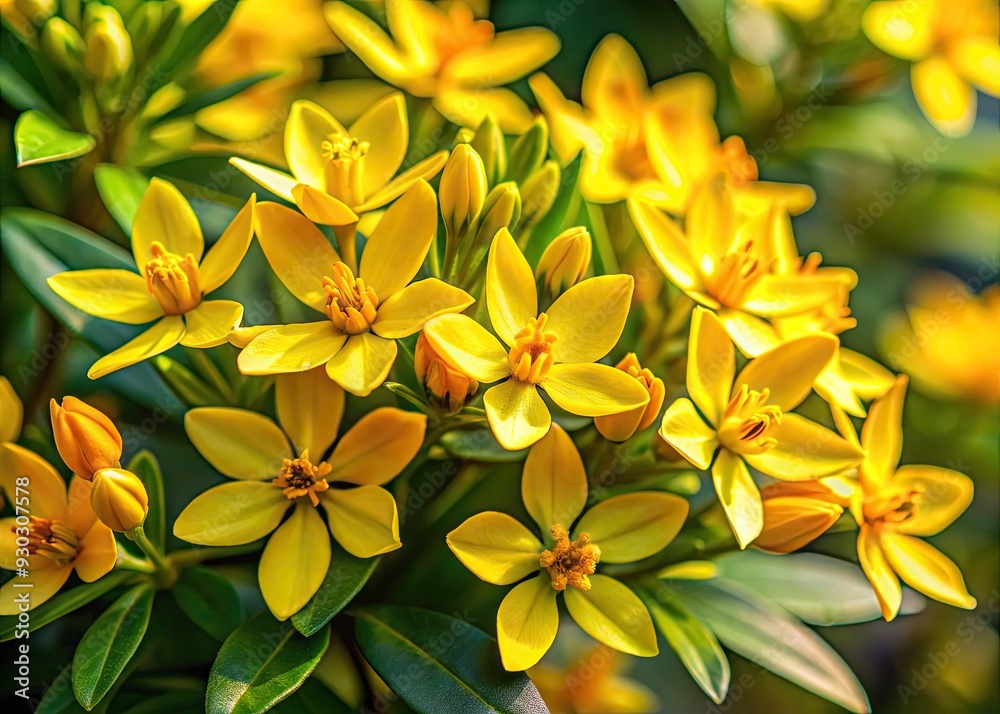 Obraz premium Vibrant yellow star-shaped blooms of Mexican Orange, Choisya ternata, against a soft green foliage background, showcasing delicate petals and golden stamens in morning sunlight.