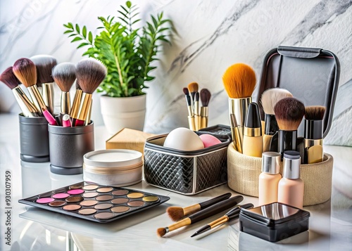 Assorted cosmetic tools and accessories, including brushes, sponges, and compact cases, arranged neatly on a countertop, ready for a beauty or skincare routine. photo