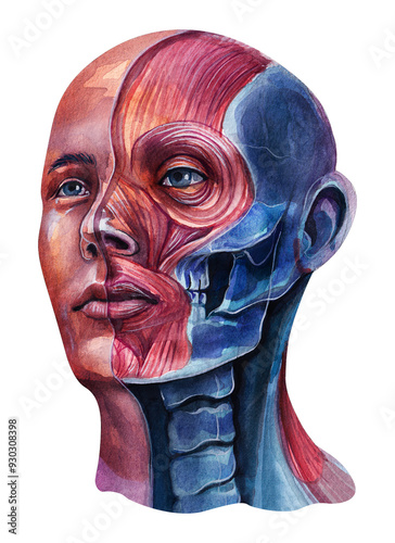 Anatomical drawing of the head with ecorche. Muscles, skeleton and skin. Watercolor drawing on a white background.
 photo