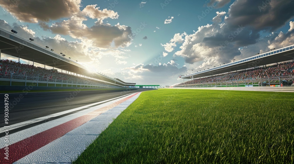 realistic grass race track, empty, no cars, fans cheering in the stands, AI Generative