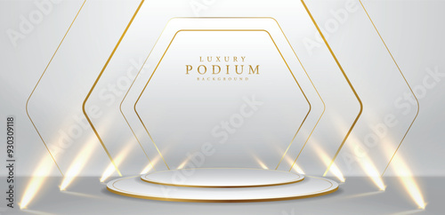 Empty podium with luxury White and Gold Background with Golden Lines and Paper Cut Style. Premium Gray and Gold Background for Award, Nomination, Ceremony, Formal Invitation or Certificate Design