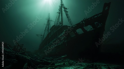 Haunting Ghostly Shipwreck Submerged in the Eerie Dark Ocean Depths