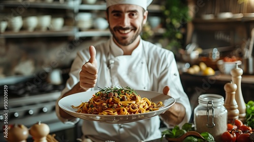 A chef giving a thumbs up while holding a gourmet pasta dish, standing in a cozy kitchen with fresh ingredients and kitchen tools neatly arranged, captured in sharp detail with bright, even lighting. photo