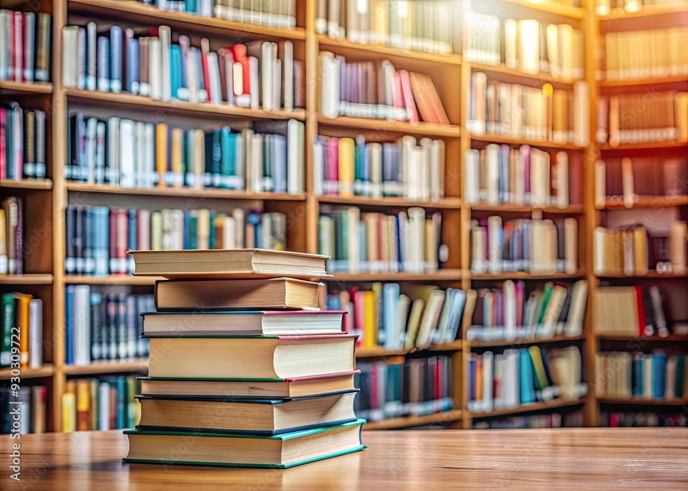 Neatly organized book stack surrounded by blurred bookshelves in a quiet library room, perfect business and education background for knowledge and learning concepts. Neatly organized book stack surrounded by blurred bookshelves in a quiet library room, perfect business and education background for knowledge and learning concepts.