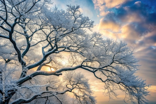 Bare tree branches stretch towards the grey winter sky, frosty limbs etched against a soft, serene backdrop, evoking a sense of quietude and seasonal simplicity. photo