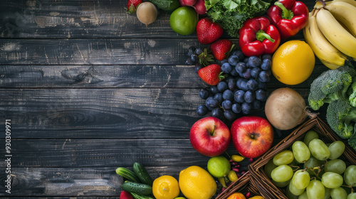 Fototapeta Naklejka Na Ścianę i Meble -  An assortment of fresh fruits and vegetables on a rustic wooden table, highlighting the importance of healthy eating