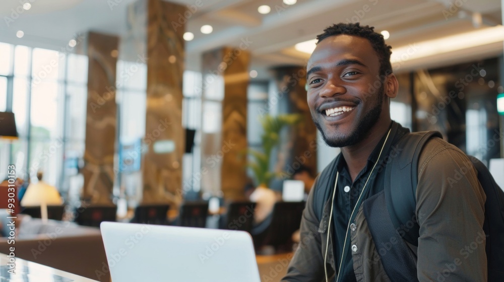 Smiling black man checking in at hotel reception desk., AI Generative Smiling black man checking in at hotel reception desk., AI Generative