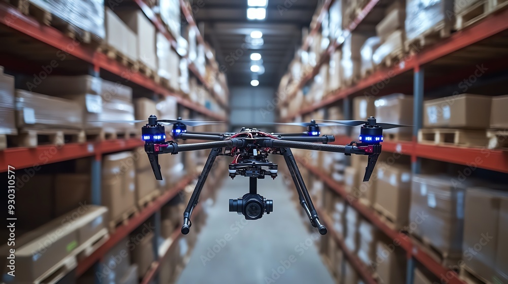 A drone hovering in a warehouse, ready for inventory inspection A drone hovering in a warehouse, ready for inventory inspection