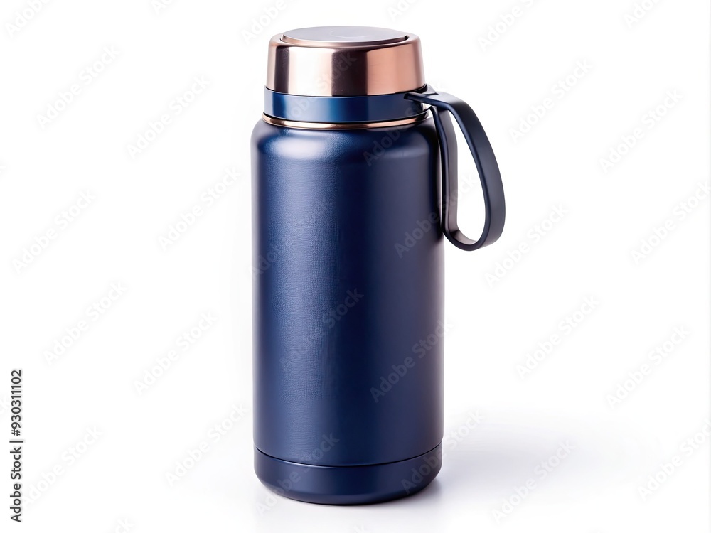 Navy blue insulated thermos bottle stands alone on a pure white background, highlighting its sleek design and functionality with a precise clipping path. Navy blue insulated thermos bottle stands alone on a pure white background, highlighting its sleek design and functionality with a precise clipping path.