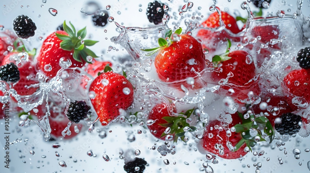 strawberry and blackcurrents mixed with water splash, in the air, centered style, AI Generative strawberry and blackcurrents mixed with water splash, in the air, centered style, AI Generative