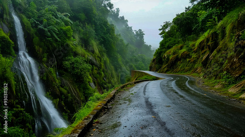 The road runs along the mountain side and the waterfall