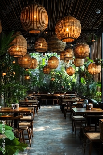 Bamboothemed restaurant interior with natural light, lush plants, and cozy atmosphere photo