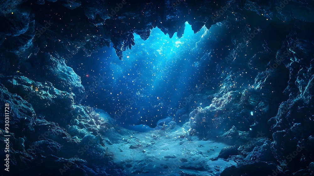 Obraz premium Enigmatic Underwater Cave with Glowing Crystals,Revealing a Magical Underwater Realm