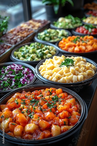 Buffet with assorted hot dishes in a restaurant, colorful and inviting, focus on variety