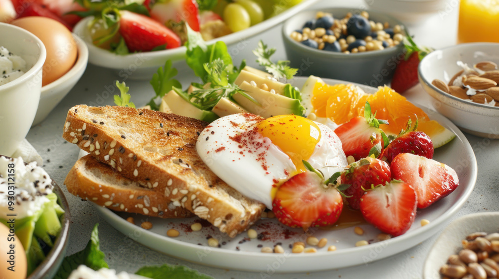 A breakfast spread featuring whole grain toast, poached eggs, and fresh fruit, highlighting healthy eating choices A breakfast spread featuring whole grain toast, poached eggs, and fresh fruit, highlighting healthy eating choices
