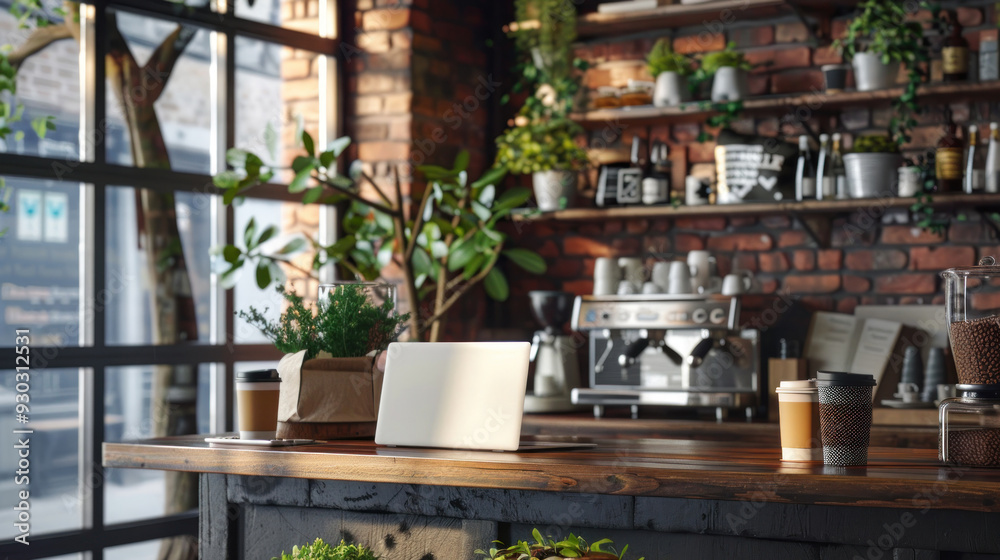Cafe counter bar as a cozy workplace, with a laptop, coffee, and plant, providing a comfortable setting for work Cafe counter bar as a cozy workplace, with a laptop, coffee, and plant, providing a comfortable setting for work