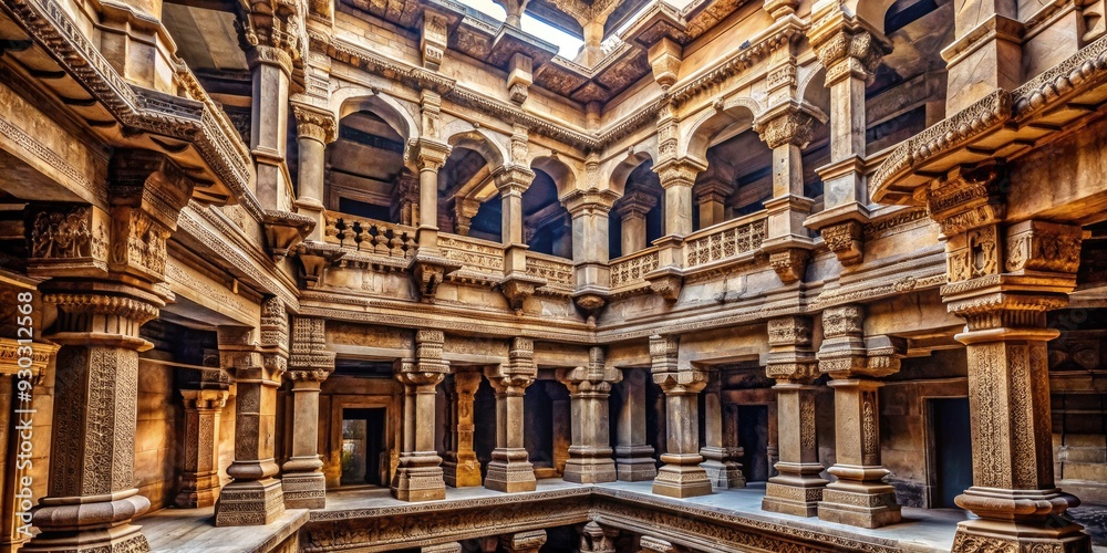 Obraz premium Intricate ancient architecture of Adalaj Step well's interior, captured with a DSLR camera, showcases ornate carvings, stairs, and pillars, highlighting Gujarat's rich cultural heritage.