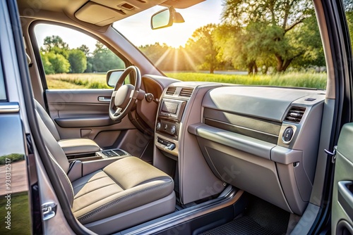 Wallpaper Mural Luxurious gray SUV interior featuring sleek door panel with buttons for window, mirror adjustment, and door lock, exuding comfort and sophistication on a sunny day. Torontodigital.ca