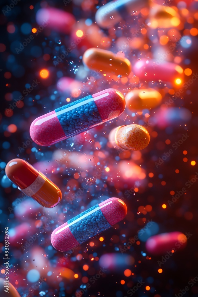 Floating colorful pills and capsules in midair, creating a vibrant and chaotic scene