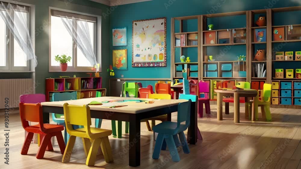 Back to school concept. A small children's study room with chairs, tables and colorful walls. Seamless 4K looping timelapse video animation background Back to school concept. A small children's study room with chairs, tables and colorful walls. Seamless 4K looping timelapse video animation background