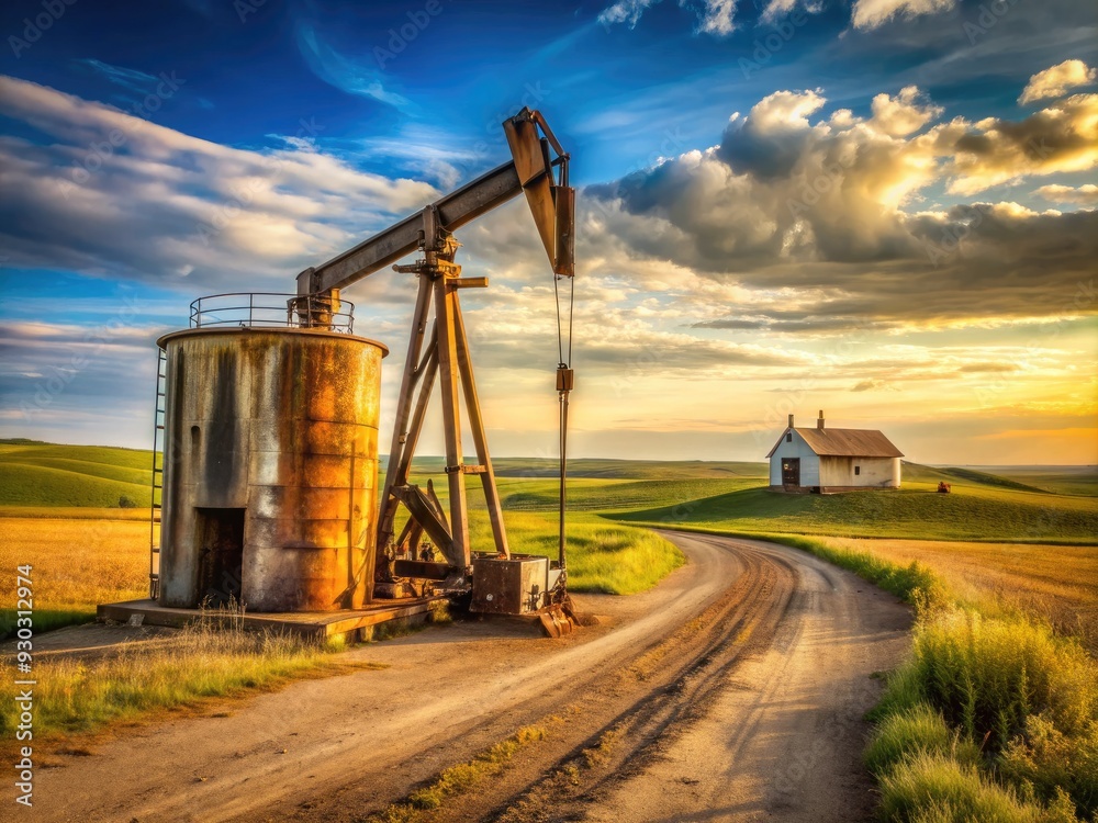 Rustic oil pump jack stands idle beside a corroding tank, surrounded by a lone maintenance road that dissect a vast, rolling farm field landscape. Rustic oil pump jack stands idle beside a corroding tank, surrounded by a lone maintenance road that dissect a vast, rolling farm field landscape.