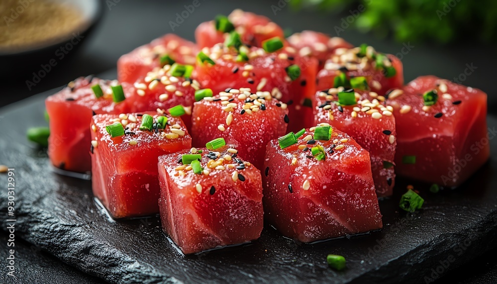 Fresh tuna cubes garnished with chives and sesame seeds, closeup, shallow focus, dark rustic background Fresh tuna cubes garnished with chives and sesame seeds, closeup, shallow focus, dark rustic background