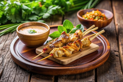 Delicious grilled chicken satay served on a wooden plate with creamy peanut sauce, spicy soy sauce, and fresh garnishes in a serene outdoor setting.