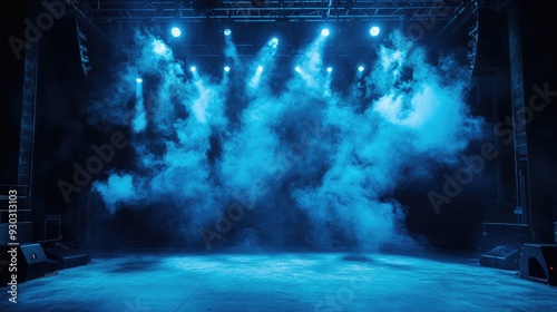 Empty stage with blue smoke and spotlights. Ideal for showcasing performances, presentations, or products.
