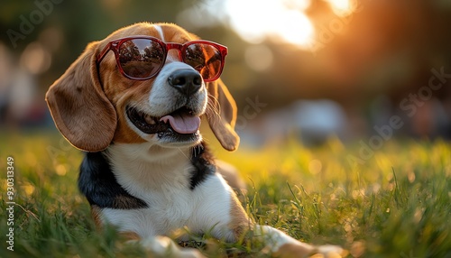 Happy beagle wearing red sunglasses lounging on green grass, playful and carefree photo