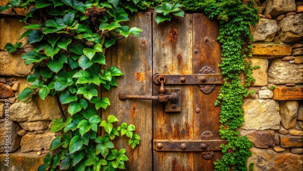 Rusted hinges adorn a worn, ancient door set in a crumbling stone wall, overgrown with lush ivy, evoking a sense of forgotten history and mystery. Rusted hinges adorn a worn, ancient door set in a crumbling stone wall, overgrown with lush ivy, evoking a sense of forgotten history and mystery.