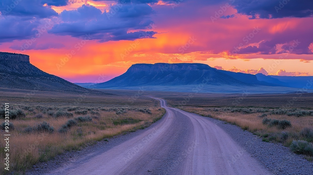 A winding dirt road leads to a mountain range under a vibrant sunset. This image evokes a sense of adventure and the unknown, perfect for travel blogs, articles, or social media posts. A winding dirt road leads to a mountain range under a vibrant sunset. This image evokes a sense of adventure and the unknown, perfect for travel blogs, articles, or social media posts.