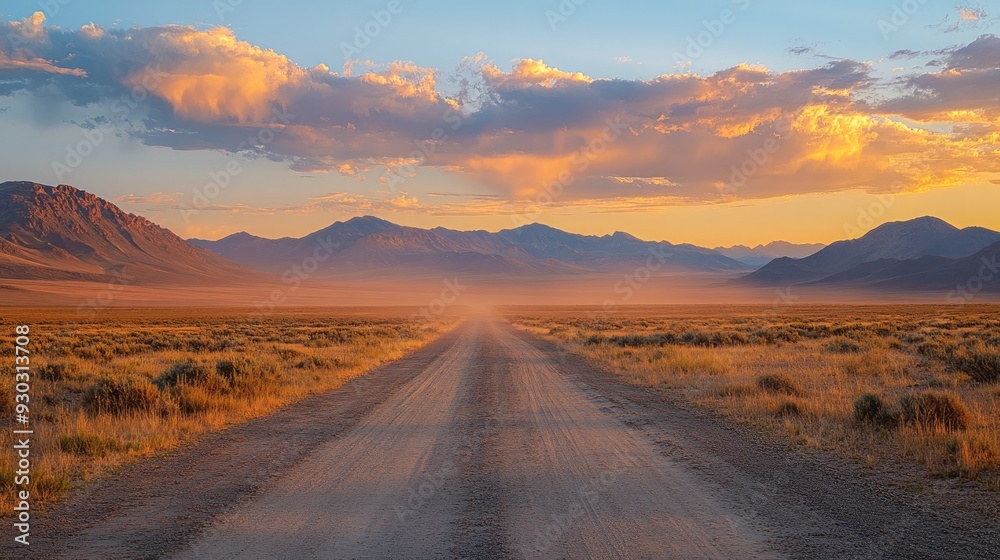 Fototapeta premium A desert road leads to the mountains. This photograph shows the beauty and vastness of nature, perfect for travel brochures, articles, or social media.