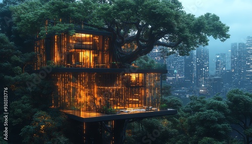 Modern treehouse surrounded by digital data streams, blending nature and technology photo