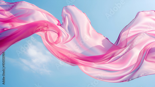 Flying pink fabric wave isolated on blue background, flowing waving silk fluttering cloth,Smooth elegant colorful transparent cloth separated on white background