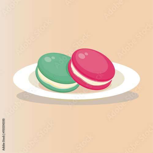 Icon. French macarons in a plate  on creamy background.
