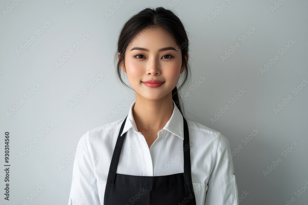 A professional series featuring young women in uniforms and aprons, with their friendly expressions and simple background making these images perfect for service industry promotion. A professional series featuring young women in uniforms and aprons, with their friendly expressions and simple background making these images perfect for service industry promotion.
