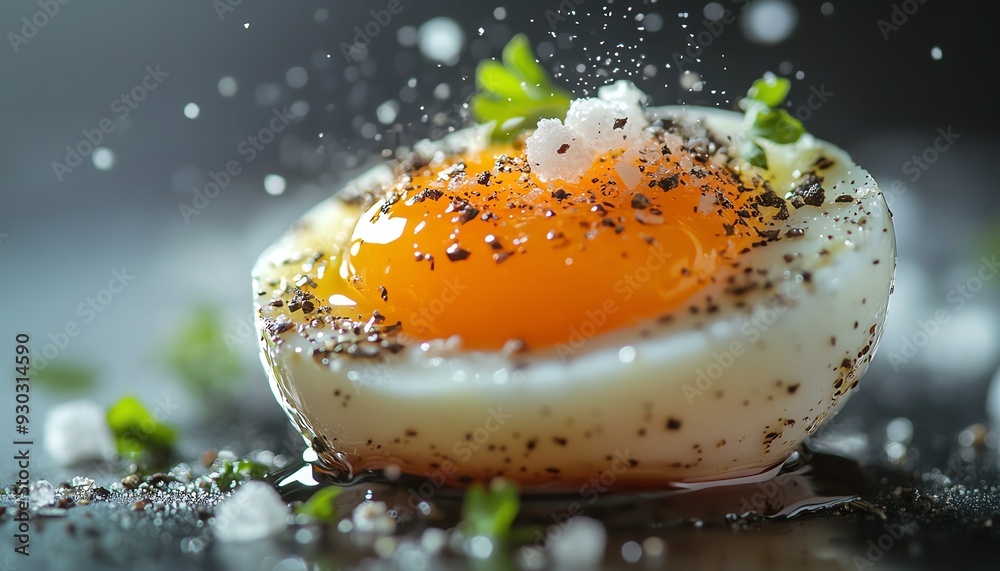 Softboiled egg halved, vibrant yolk, sprinkled with salt and pepper, closeup shot