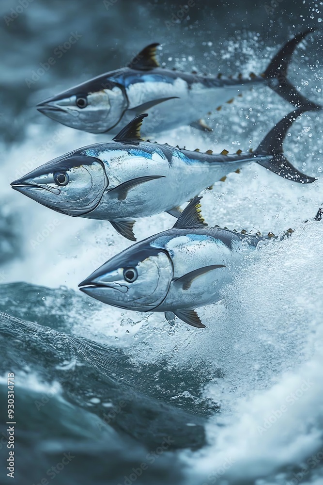 Fototapeta premium Three tuna fish leaping out of the ocean, dramatic splash, dynamic and lively