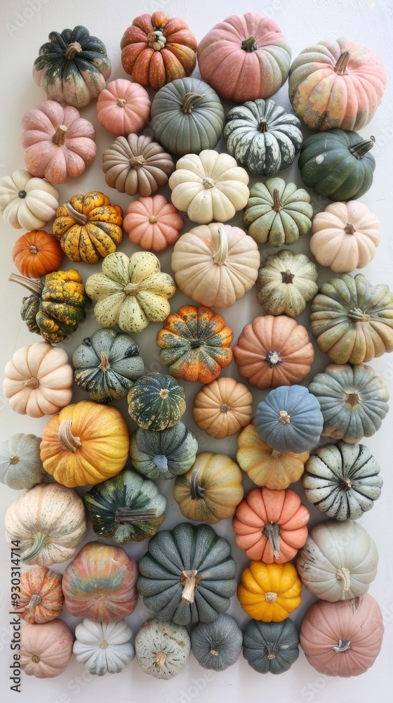 An array of pumpkins in various shapes and colors creates a vibrant autumn display perfect for seasonal decorations An array of pumpkins in various shapes and colors creates a vibrant autumn display perfect for seasonal decorations