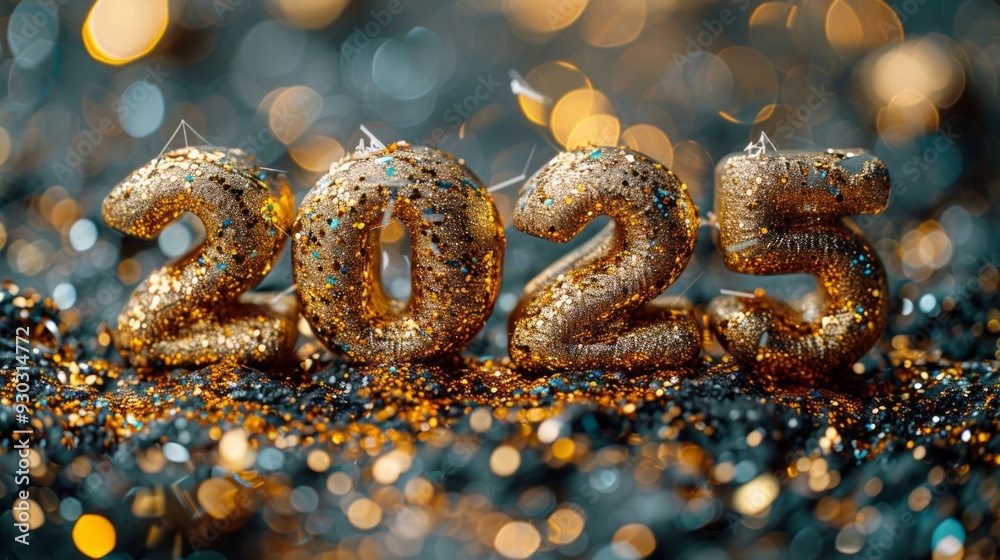 words 2025 written over it, golden ballon text effect, isolated dark