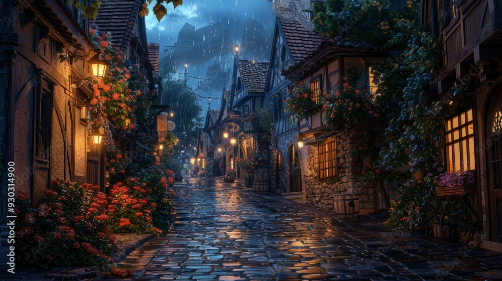 Fototapeta premium Charming cobblestone street lined with cottages and flowers on a rainy evening